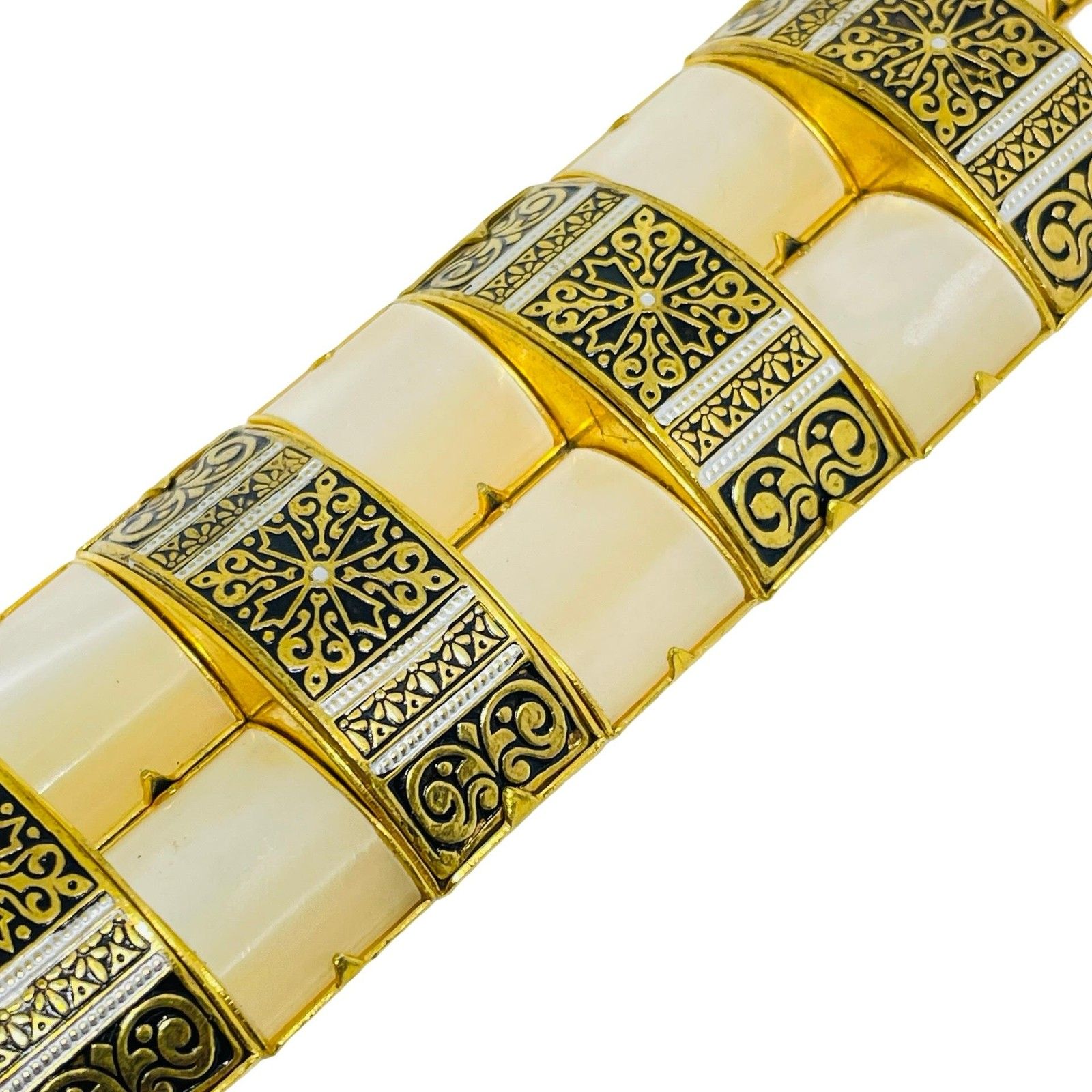 Vintage Spain Damascene Gold Tone Black Panel Faux Pearl Link Designer Bracelet